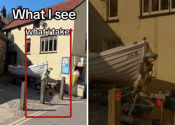 Photographer shows perspective: a boat in a cobblestone alley, focusing on capturing the perfect shot.