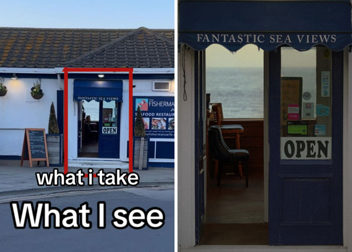 Photographer captures perfect shots: building exterior and close-up view into a seaside restaurant named "Fantastic Sea Views."