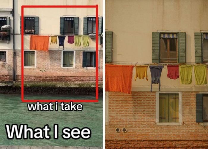 Photographer's perspective showing selected shot of colorful laundry on building.