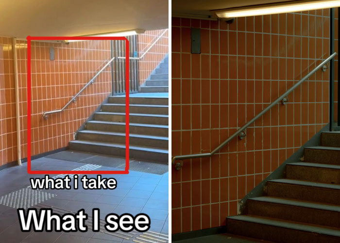 Photographer's perspective: "What I see vs. What I take" showing stairs and orange tiled wall.