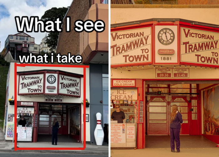 Photographer capturing perfect shots at Victorian tramway entrance with ice cream stand.