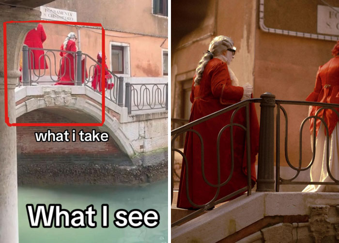 Photographer's perspective: juxtaposed images showing a bridge scene in red clothing, capturing the perfect shot.