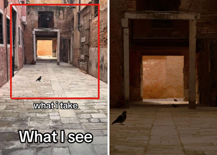 Photographer's view: left image shows a courtyard with a pigeon, right image is the framed shot of the same scene.