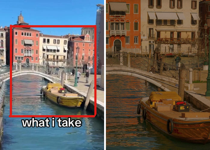 Photographer's view vs. taken shot: canal scene with boat and buildings in Venice.