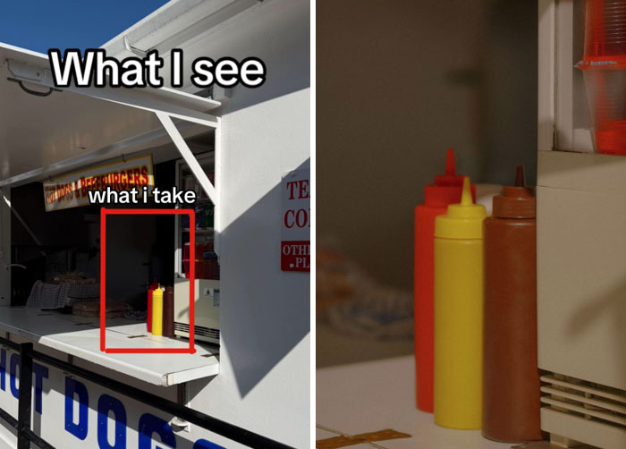 Photographer's perspective: a condiment station at a food stand and a close-up shot of mustard and ketchup bottles.