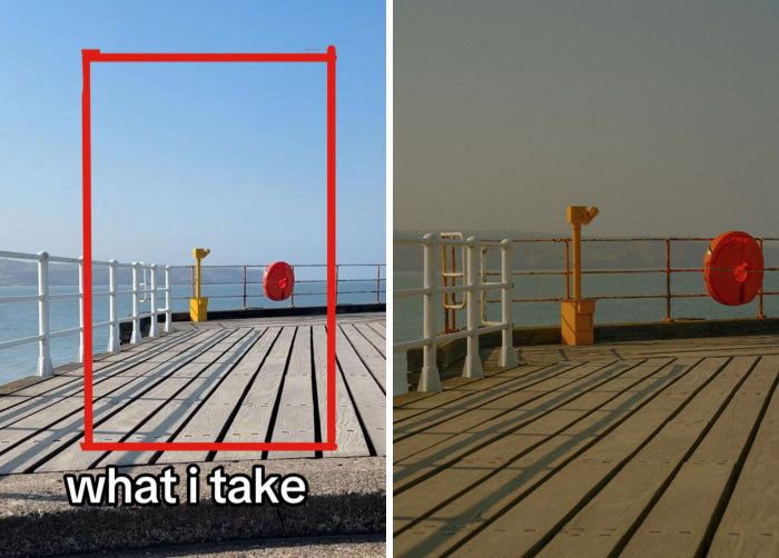 Photographer's perspective: image of a dock with framing box, showing how she finds the perfect shots to take.