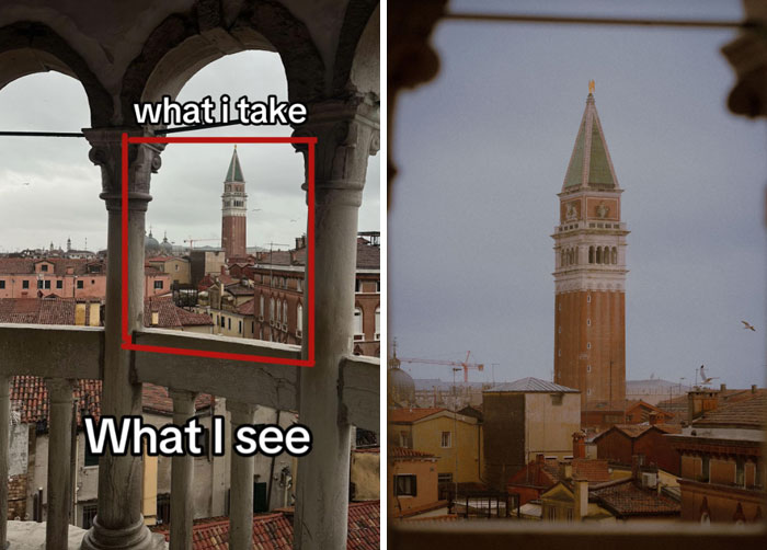 Comparison of a wider view with a photographer's shot, featuring a tower framed between arches.