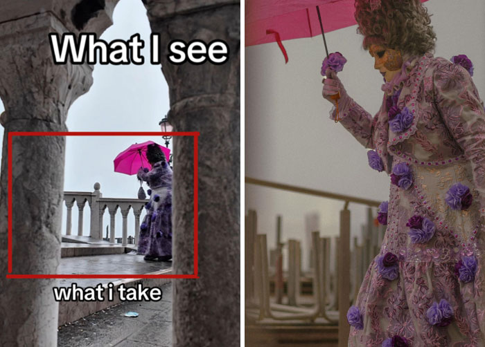 Photographer captures perfect shot of a figure in ornate attire with a pink umbrella through stone arches.