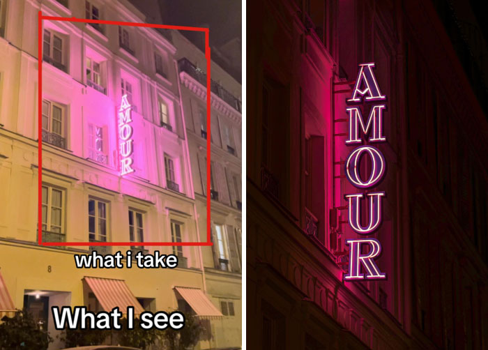 Photographer captures neon "AMOUR" sign on building, showcasing her unique perspective.