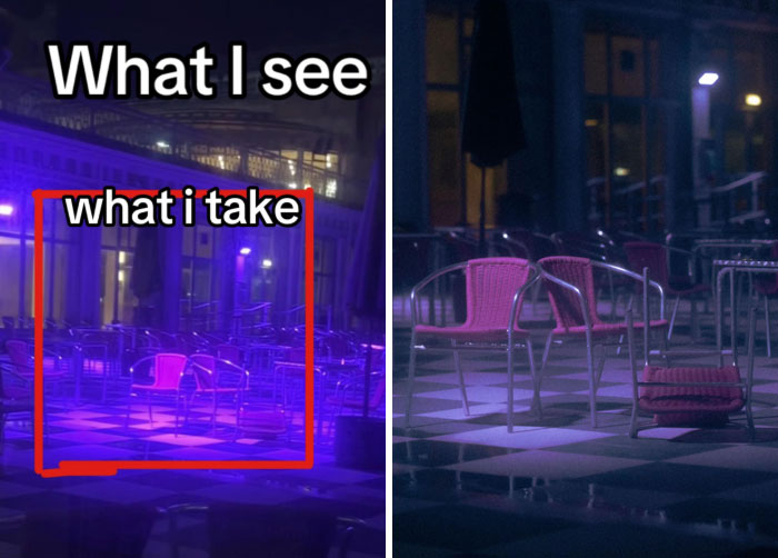 Photographer shows perspective: left image outlines scene, right features pink chairs on a patterned floor with purple lighting.