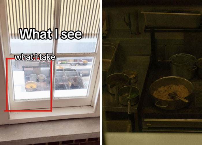 Photographer's perspective: Window view of chefs cooking shot creatively from above.