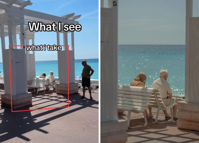 Photographer captures perfect beach shot, showing what she sees vs. what she takes, with people sitting on benches by the sea.