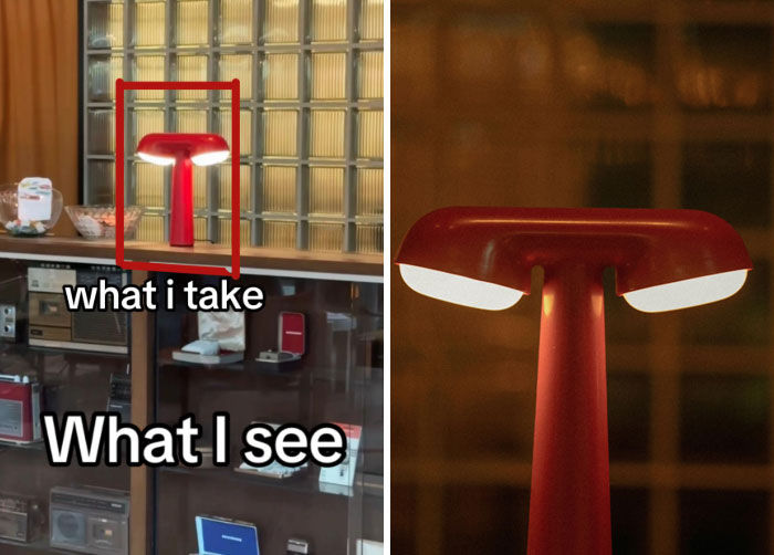 Photographer highlights perfect shots by focusing on a red lamp against shelves, showcasing "What I See VS. What I Take."