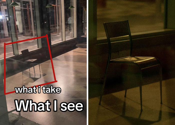 Photographer spots a chair through a window, illustrating the contrast between her vision and the captured shot.