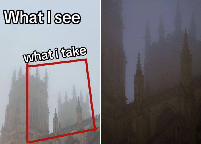 Photographer showcases vision vs. captured image of a misty cathedral with spires.