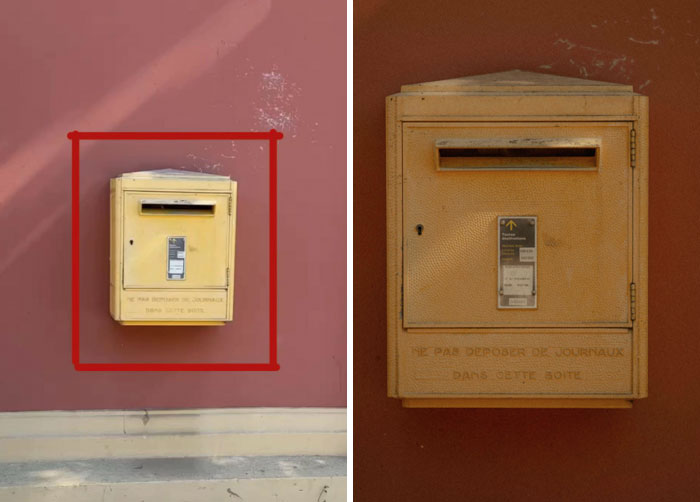 Photographer's perspective: Yellow mailbox against red wall, original view vs. captured shot.