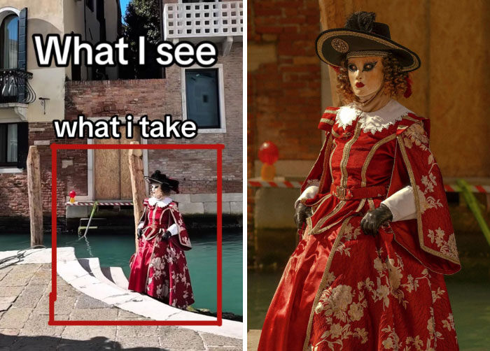 Photographer captures a person in a red costume by a canal, illustrating "What I See VS. What I Take" photography concept.