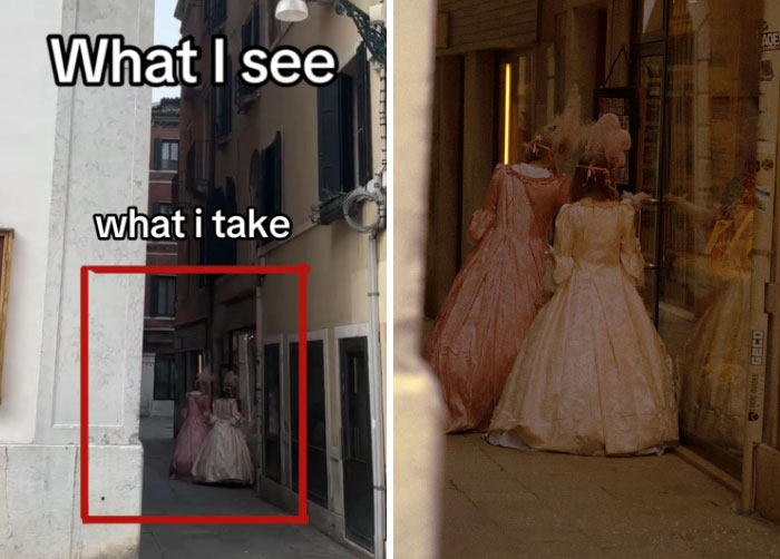Photographer's perspective: The difference between initial scene and final photo featuring people in vintage dresses.
