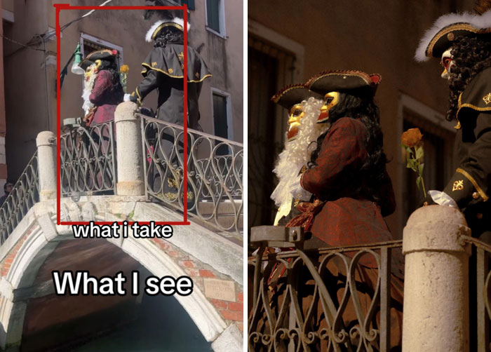 Photographer's perspective: A bridge with masked figures in elaborate costumes; what is seen vs. what is captured.
