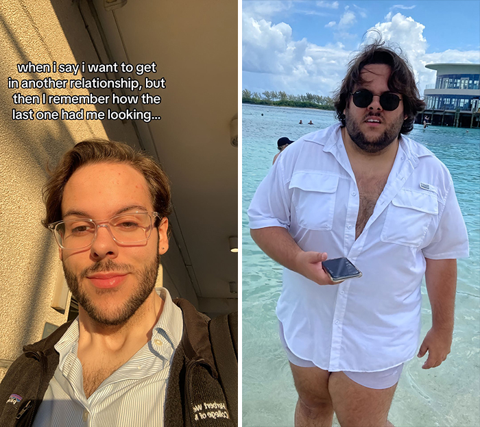 Man showing single vs. relationship look; left in glasses and jacket, right in white shirt on beach holding phone.