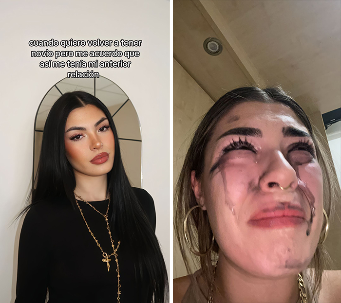 Single vs relationship: woman posing confidently beside a tearful, mascara-streaked face.