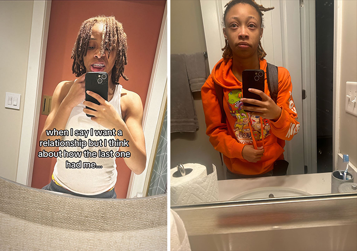 Person in mirror selfies, showing contrast when single vs. in a relationship.