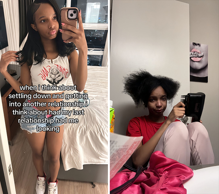 Person showcasing appearance changes single vs. in a relationship, wearing casual outfits in different settings.