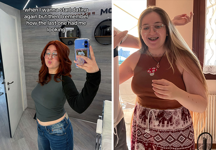 Person taking a selfie in a mirror and another smiling, representing a single versus in a relationship look comparison.