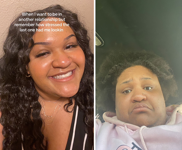 Person smiling vs. looking stressed; illustrating single vs. in a relationship appearances.