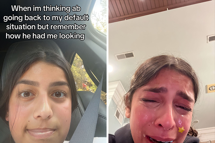 Person looking calm while single, then crying in a relationship, highlighting contrasting emotions.