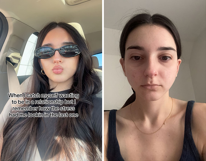 Woman showing contrast of single vs. relationship appearance, wearing sunglasses in one image, and barefaced in the other.