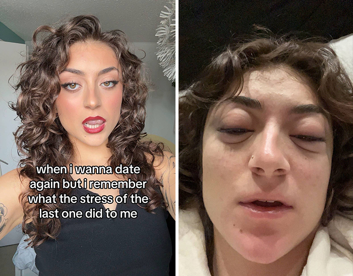 Woman showing a difference in appearance when single versus in a relationship, highlighting stress impact.