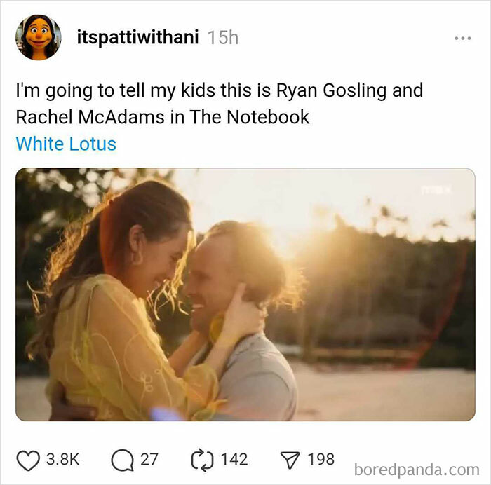 Couple embracing at sunset with "White Lotus" text above, referencing Ryan Gosling and Rachel McAdams.