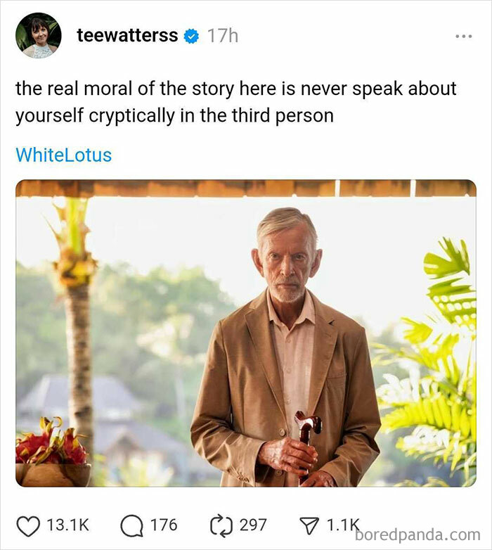 Elderly man in a suit holding a cane; humorous reaction to White Lotus finale.