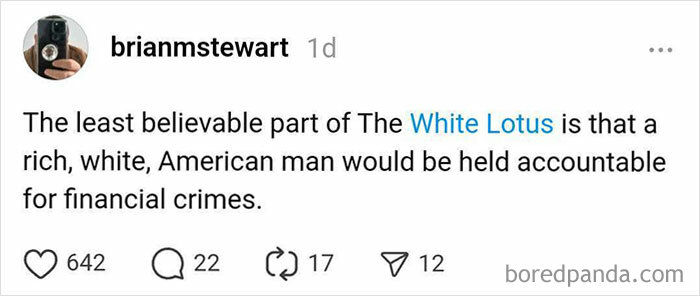 Instagram post humorously reacting to The White Lotus, commenting on accountability for financial crimes.