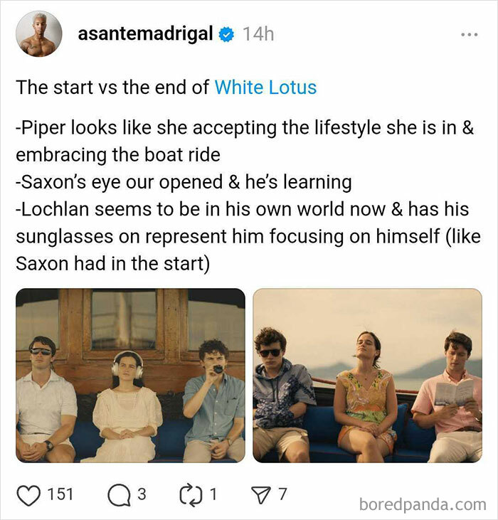 White Lotus reactions post with two images showing cast members on a boat, highlighting character development.