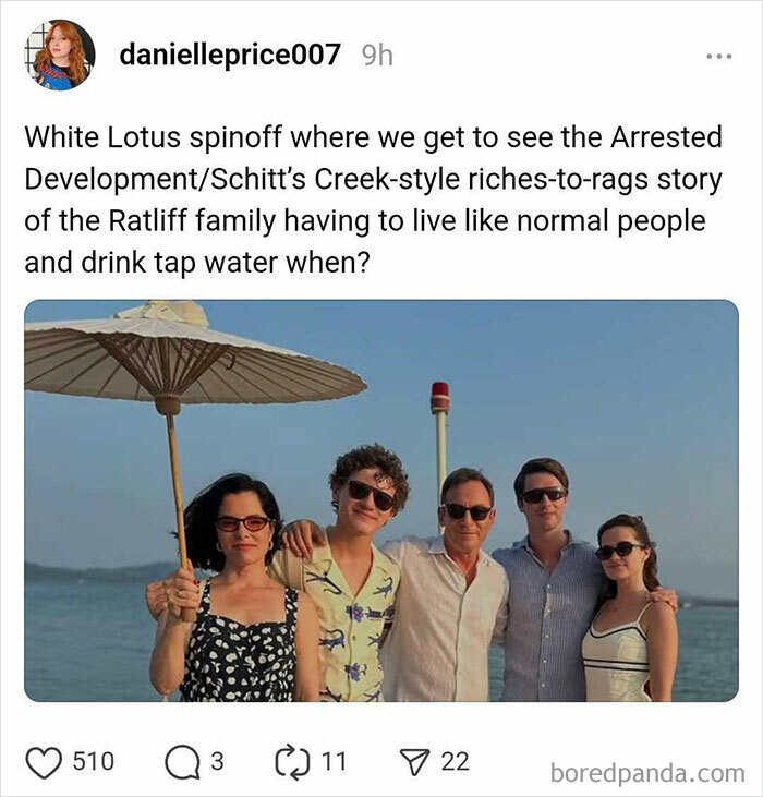 Group posing under a beach umbrella, referencing White Lotus with humorous commentary.