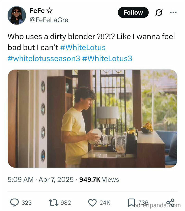 Person in a kitchen using a blender, reacting humorously to White Lotus Season 3 finale.