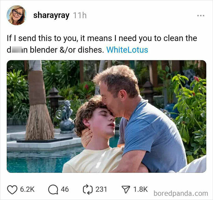 Two people embrace in a garden setting, with a humorous caption about White Lotus.