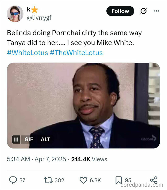 Reaction to White Lotus finale with a knowing smirk GIF, referencing show characters and writer Mike White.