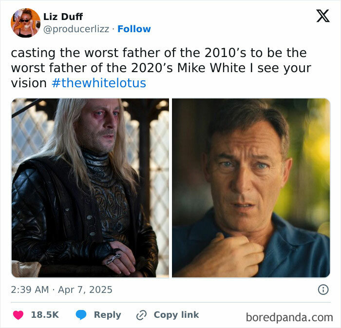 Split image of characters with text referencing "The White Lotus" casting decision.