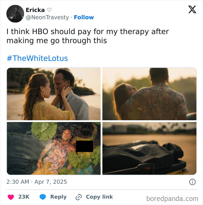 Tweet collage reacting to White Lotus finale with scenes of emotional intensity and drama.