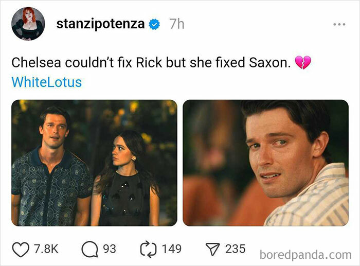 Tweet reaction to White Lotus Season 3 finale with two character images and heartbroken emoji.