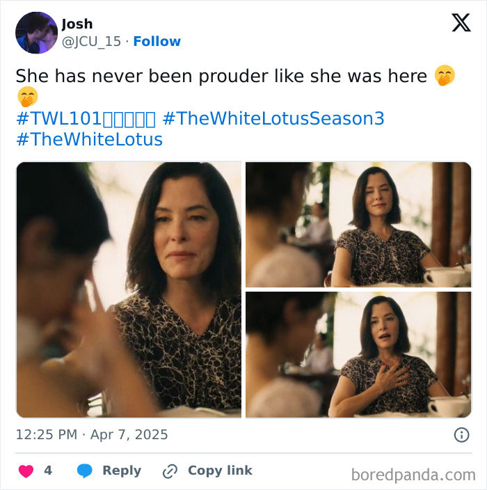 Woman smiling during a scene from The White Lotus Season 3, expressing pride with gestures.