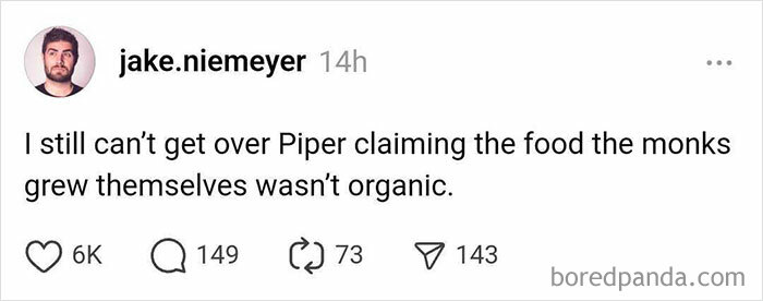 Funny reaction to White Lotus finale about monks' organic food claim by user jake.niemeyer on social media.