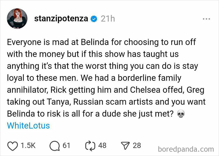 Social media post reacting humorously to White Lotus Season 3 finale, highlighting character choices and plot twists.