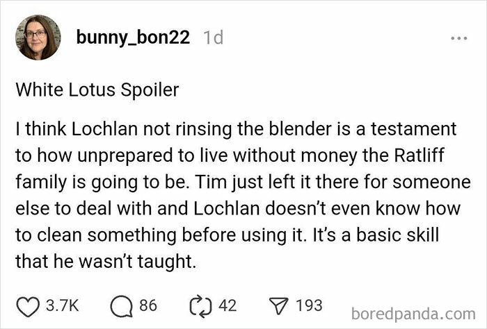 Social media post discussing a scene from the White Lotus, highlighting Lochlan's lack of basic skills.