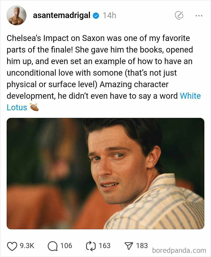 A social media post reacting to White Lotus Season 3 finale, featuring a character in a striped shirt.