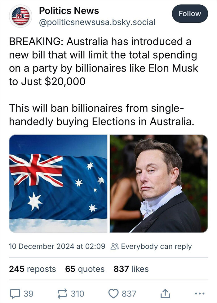 Politics tweet discusses Australia bill limiting billionaire spending, with images of flag and businessman.