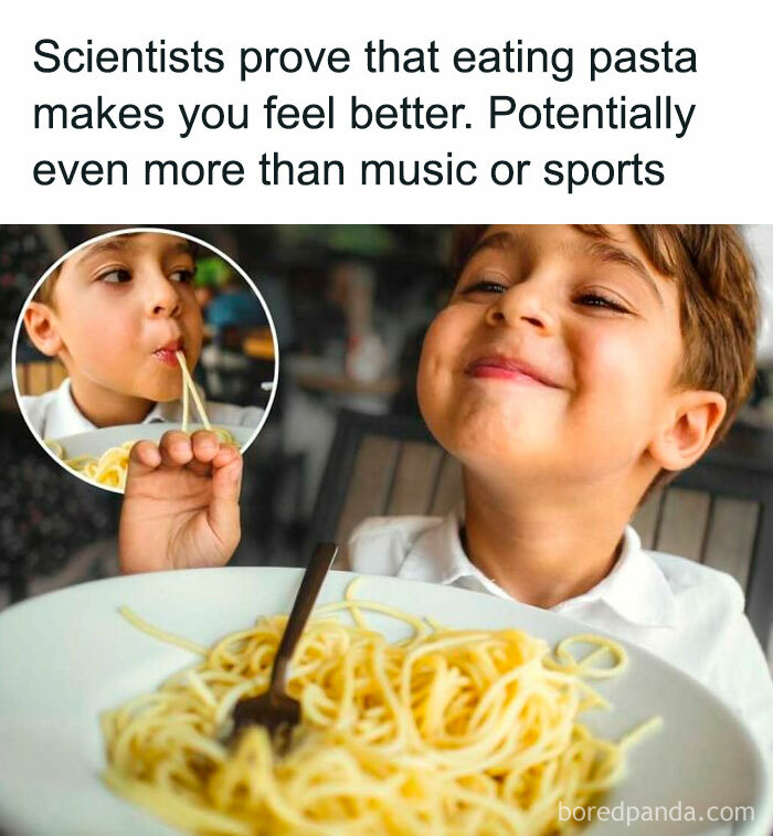 A smiling child enjoying pasta might bring some sunshine to your day.